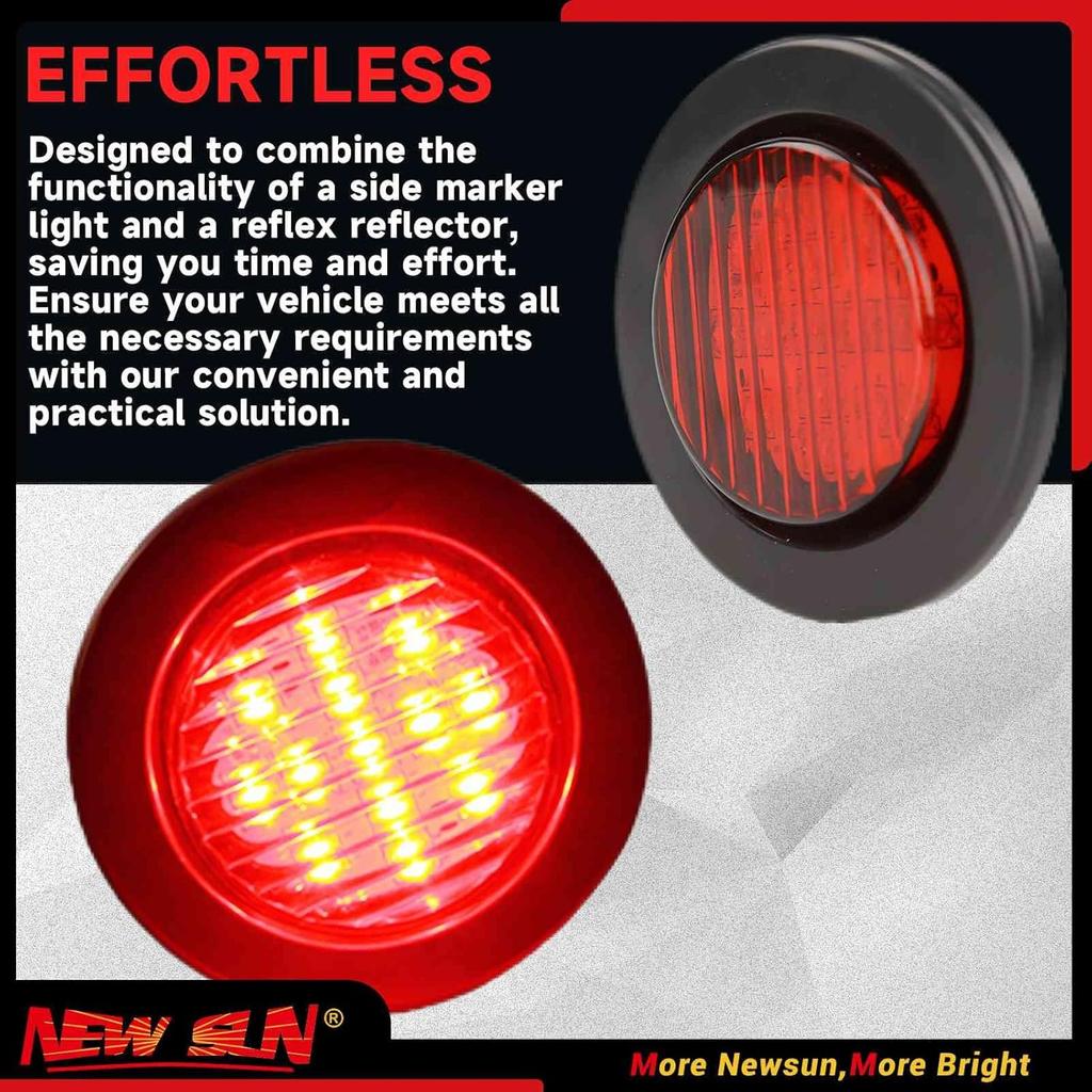 NEW SUN Premium 2.5" Round LED Trailer Lights, 13 Red LEDs Side Marker Lights, Clearance Lights Kits With Grommet & 2-Pin Plug - Universal For