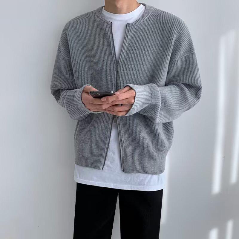 Men's Korean Double Zipper Round Neck Casual Knit Cardigan - Loose, Versatile, Solid Color Sweater.