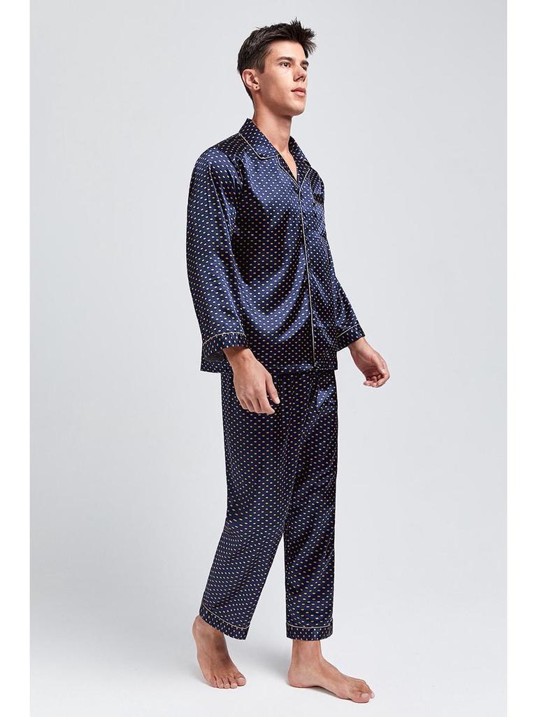Men's Silk Print Pajamas Set - Long Sleeve Ice Silk Sleepwear for Spring/Summer, Plus Size Available