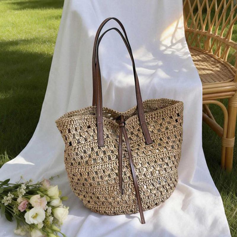 Crochet Hollow Out Straw Tote Bag With Leather Handle Large Capacity Beach Bag Casual Shoulder Purse Vacation Boho Woven Handbag