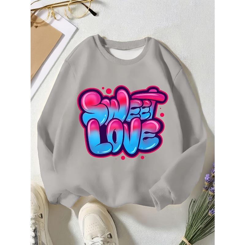 European sizes Creative Collage of English Letters Sweet Love, a Cozy And Easy Round-Neck Sweatshirt for Kids Featuring Animated Prints