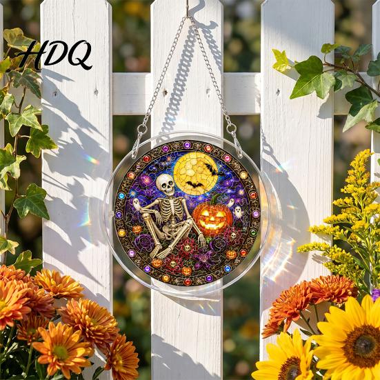 Colorful Light Catcher Acrylic Jigsaw Puzzle Suncatcher, Stained Glass Style Halloween Skeleton Ghost Suncatcher Sun for Gothic Window Wall