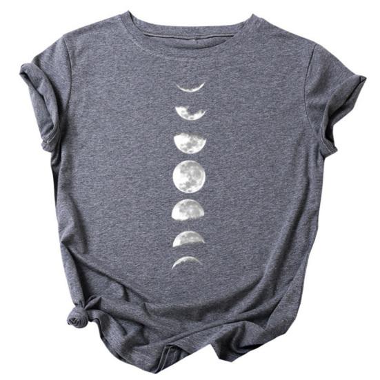Women Summer Casual O Neck Short Sleeve Moon Print Loose Blouse T-shirt Top