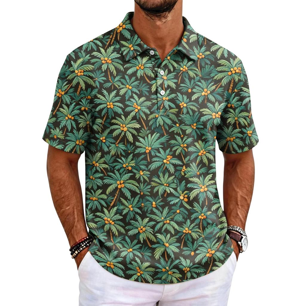 Men's Short Sleeve Polo Shirt Hawaiian Style Loose Fit Casual Top with Print and Classic Collar for Daily Wear