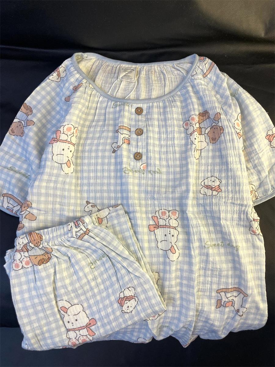 

Blue plaid Trojan horse puppy pajamas women s summer cartoon round neck short-sleeved shorts suit girls can go out loungewear S