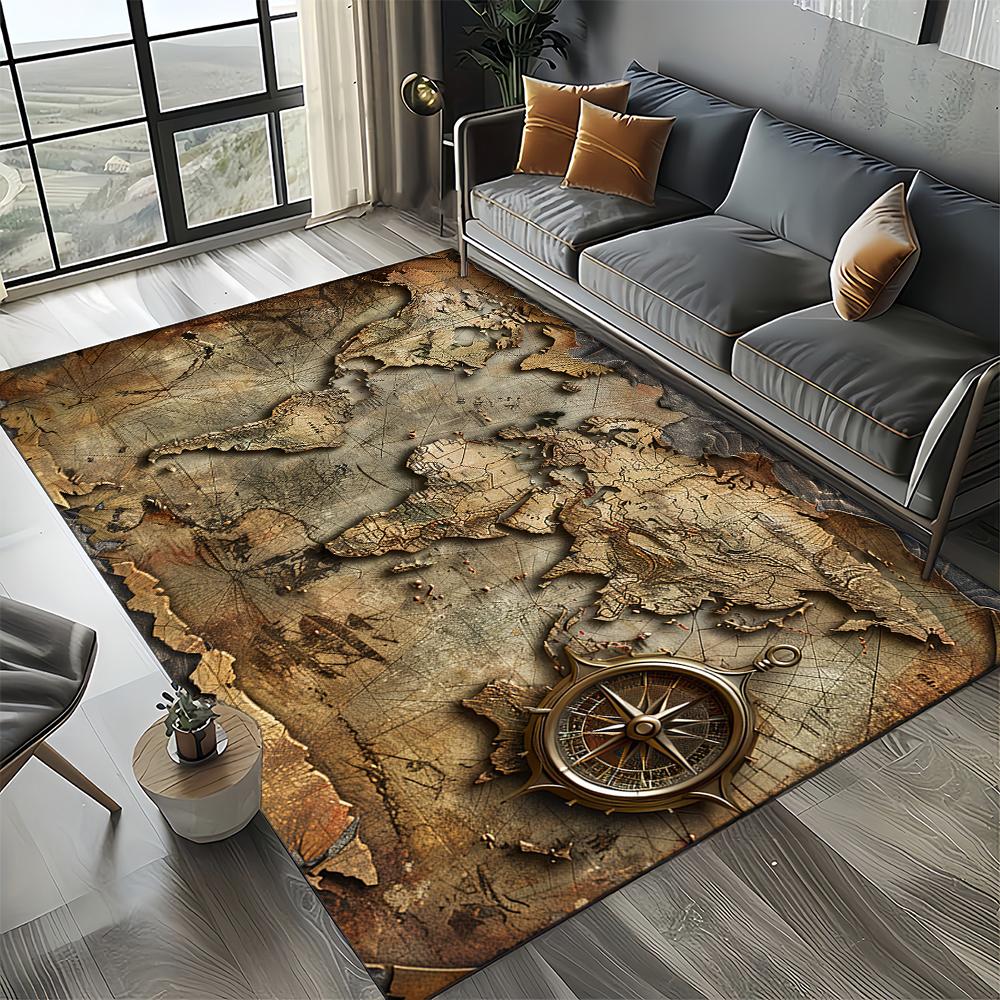 2025 New Style Retro Marine Nautical Chart Compass Carpet Rug for Home Living Room Bedroom Sofa Doormat Decor,Non-slip Floor Mat