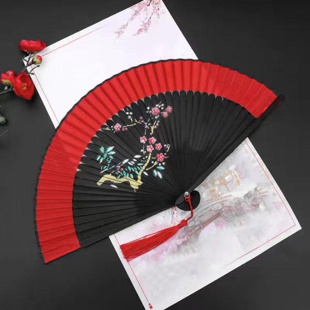 Chinese Style Tassel Folding Fan Exquisite Kimono Fan Blossom Printing Folded Fan Home Decoration