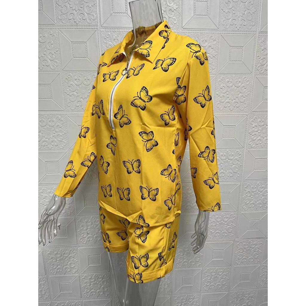 Women's sets summer long-sleeved lapel printed zipper shirt shorts clothes sale