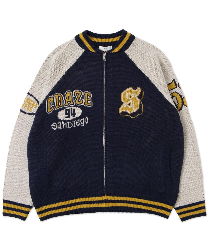 WEGO Unisex Jacquard Knit Stadium Size Navy Jacket, Outerwear, Streetwear, Casual, Fall/Winter, Gift, Men's, M,