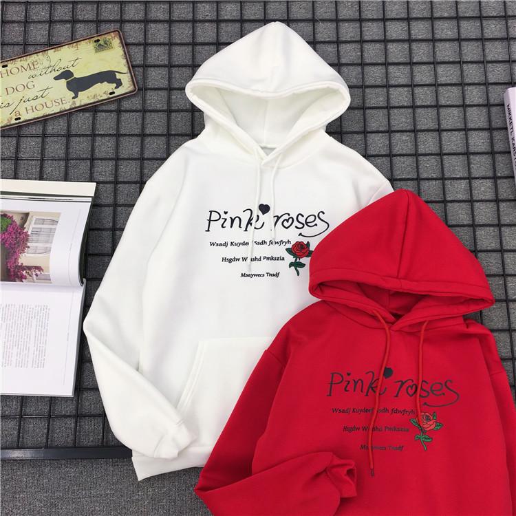 Student Fleece Flower Print Hoodie for Autumn Winter Women Couple Long Sleeve Casual Outfit Pullover