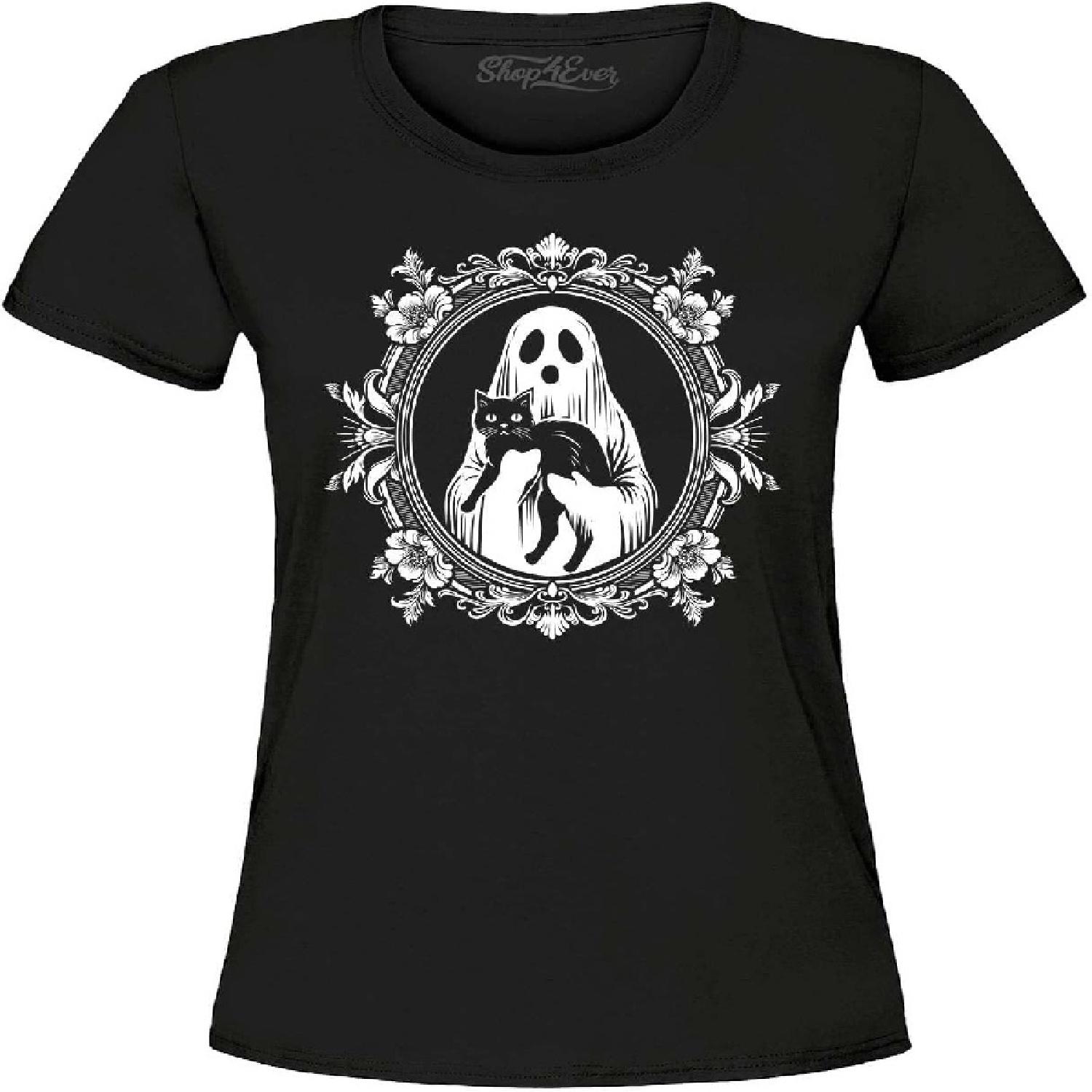 Haunting Framed Ghost and Black Cat Spooky Halloween Women s T-Shirt S