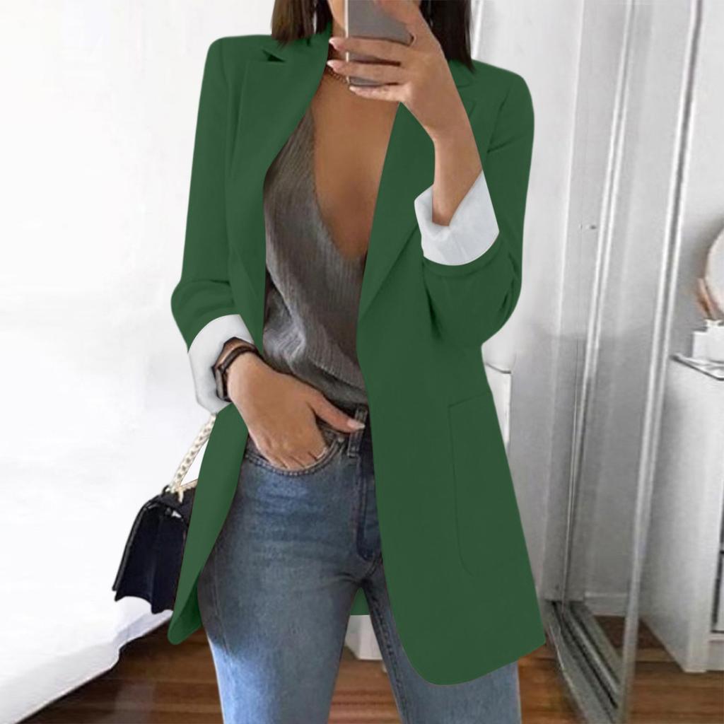 Women Solid Open Front Pockets Cardigan Formal Suit Long Sleeve Blouse Coat