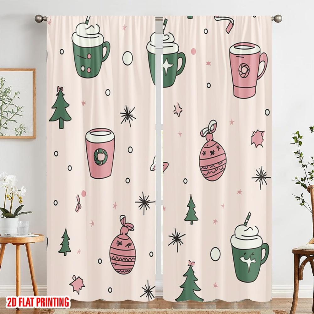 2pcs,2D Plane Printing Minimalist Curtains Cute Christmas Design_a (3) Polyester Fabric (without Rod) Festive Use for Living