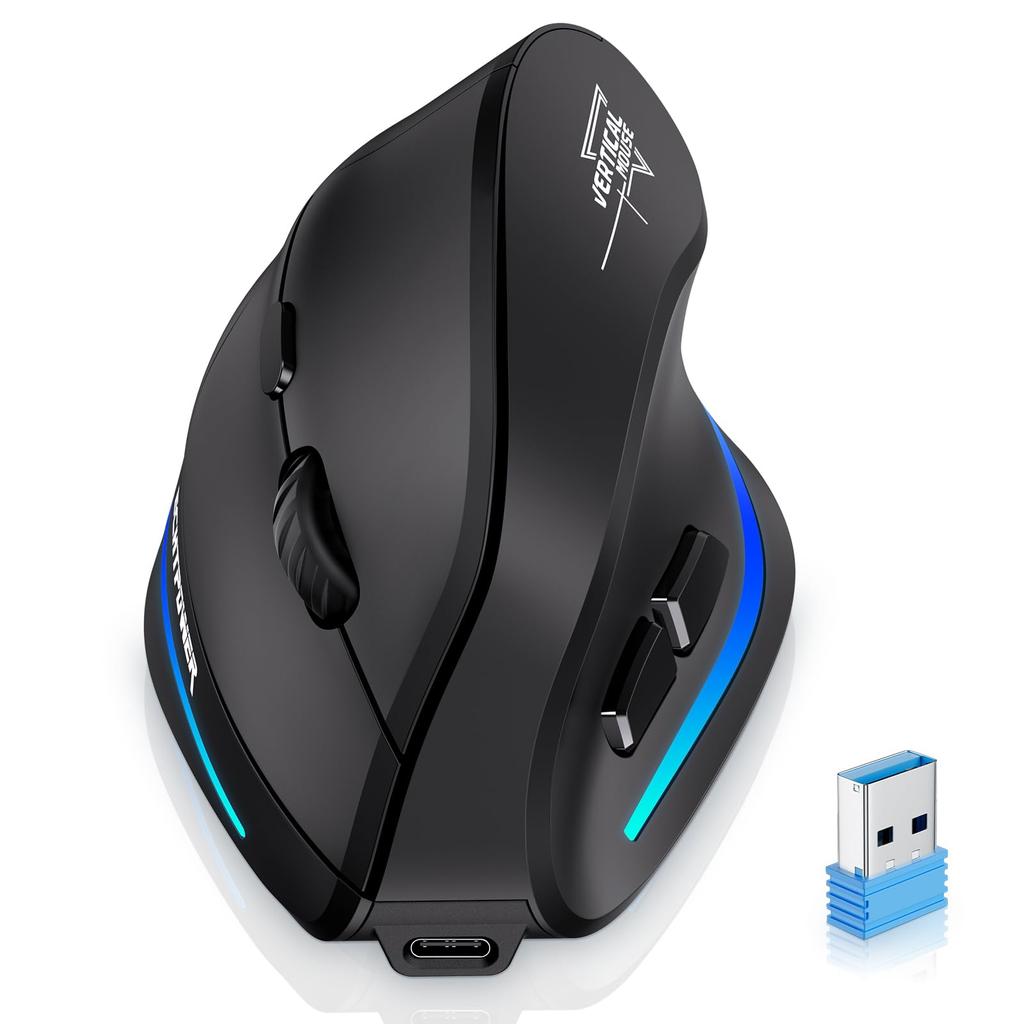 ECHTPower Ergonomic Wireless Mouse, Vertical Type, 2.4GHz, Quiet, Neon LED, 6-Level DPI Adjustment, Type-C Rechargeable, Quiet, Long-Lasting Use, 6