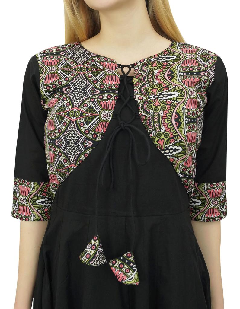 Phagun Womens Black Cotton Anarkali Jacket Style Kurti Designer Dress-10