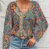 Summer Comfortable Casual Mixed Color Women's Shirt Printed V-neck Long Sleeved Shirt