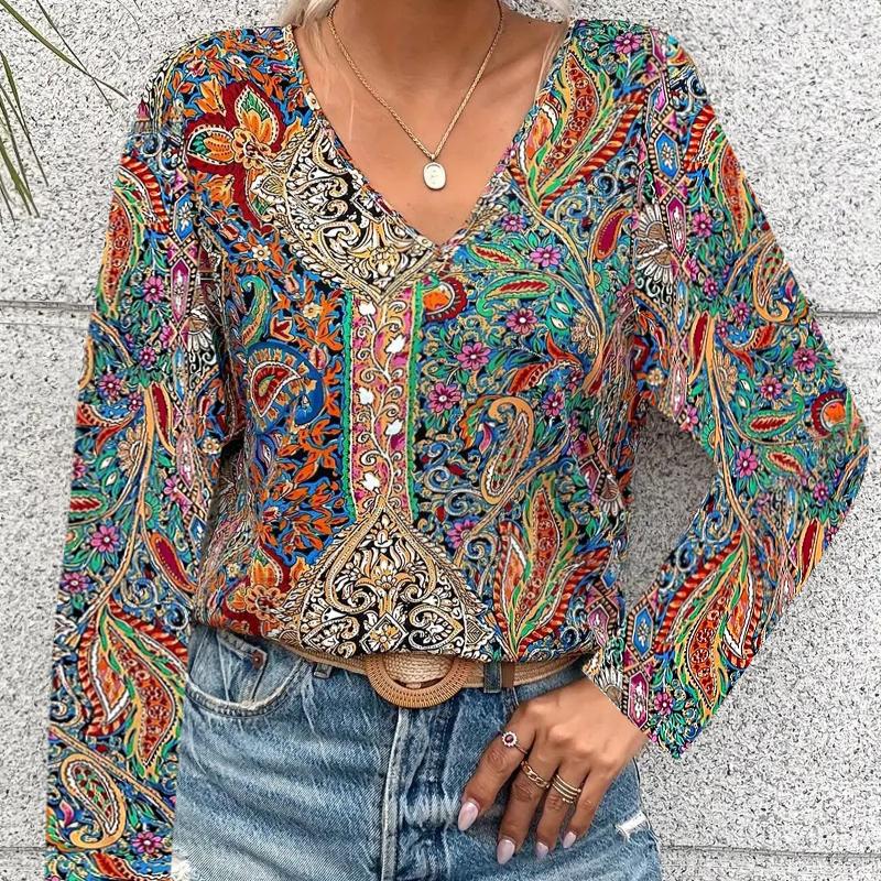 Summer Comfortable Casual Mixed Color Women's Shirt Printed V-neck Long Sleeved Shirt