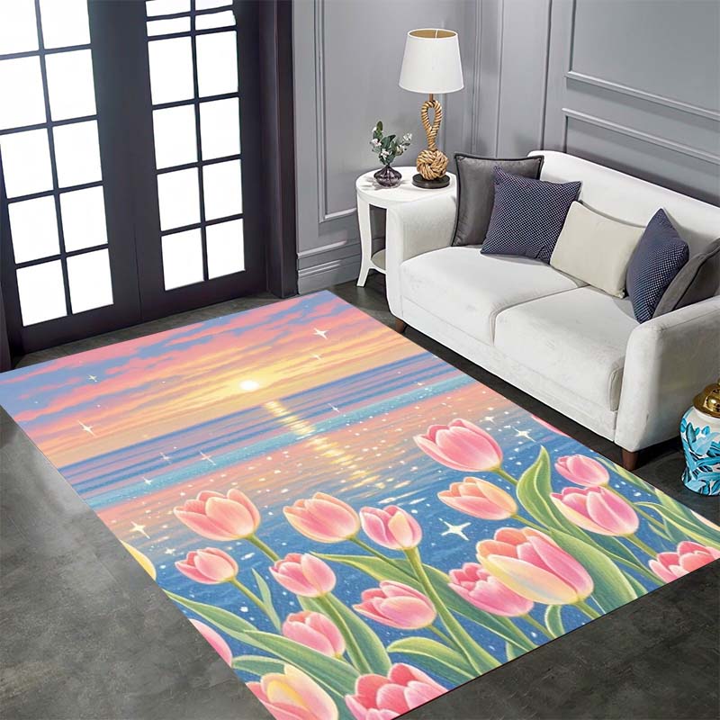 Vintage Floral Tulip Patterned Floor Mat, Non-slip, Machine Washable, Suitable for Living Rooms, Bedrooms, and Home Décor.