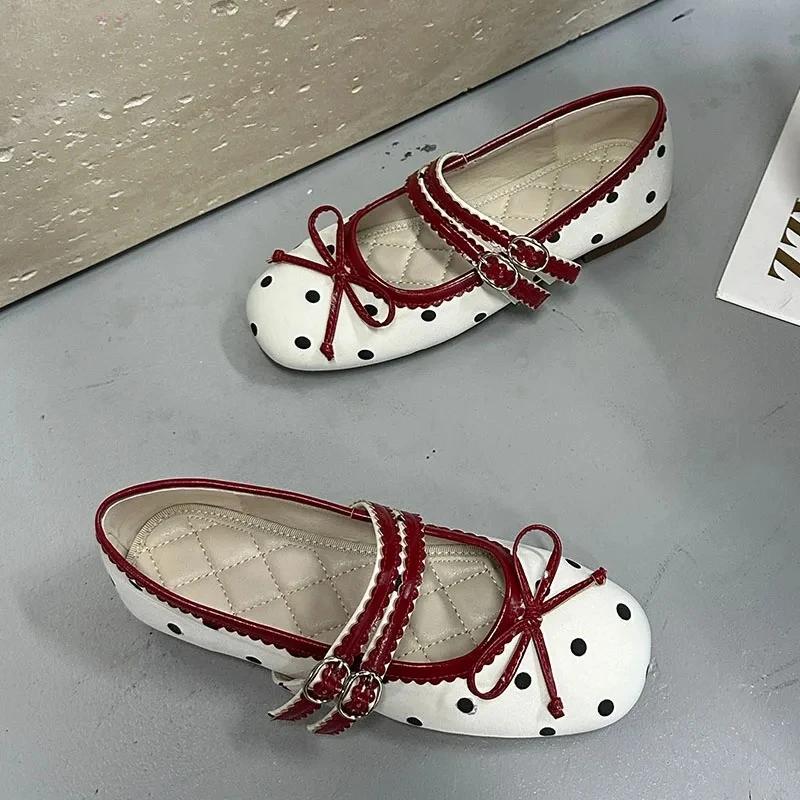 Bow Dot Ballet Flats for Women Round Toe Double Strap Buckle Design Elegant Mary Jane Shoes Fashion Party Comfort Banquet Shoes