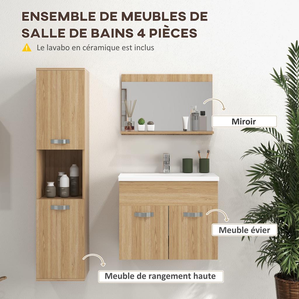 4-Piece Bathroom Furniture Set, Wall-Mounted, with Mirror, Under-Basin Unit, Basin and Tall Cabinet, Natural