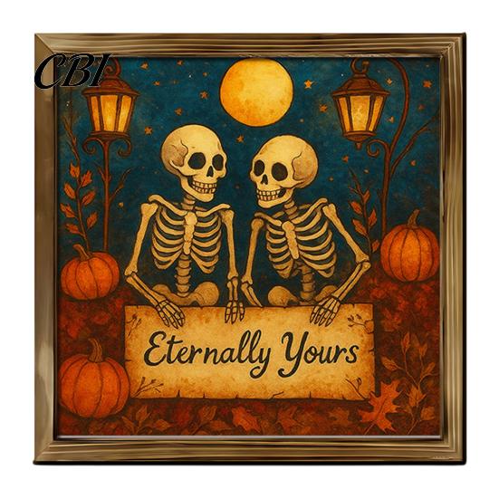 Solid Wood Desktop Decorations Halloween Ghost/Witch/Skeleton Decorative Painting, Wall Mount Square Frame Wooden Framed Paintings Picture for