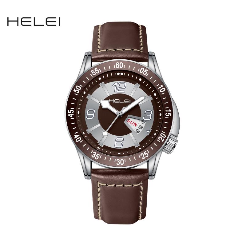 HELEI Men's Luminous Quartz Watch: Waterproof with Genuine Leather Band.