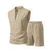 Men Solid Linen 2 Piece Outfit Mandarin Collar Lace Up Sleeveless Tank Drawstring Shorts Beach Set