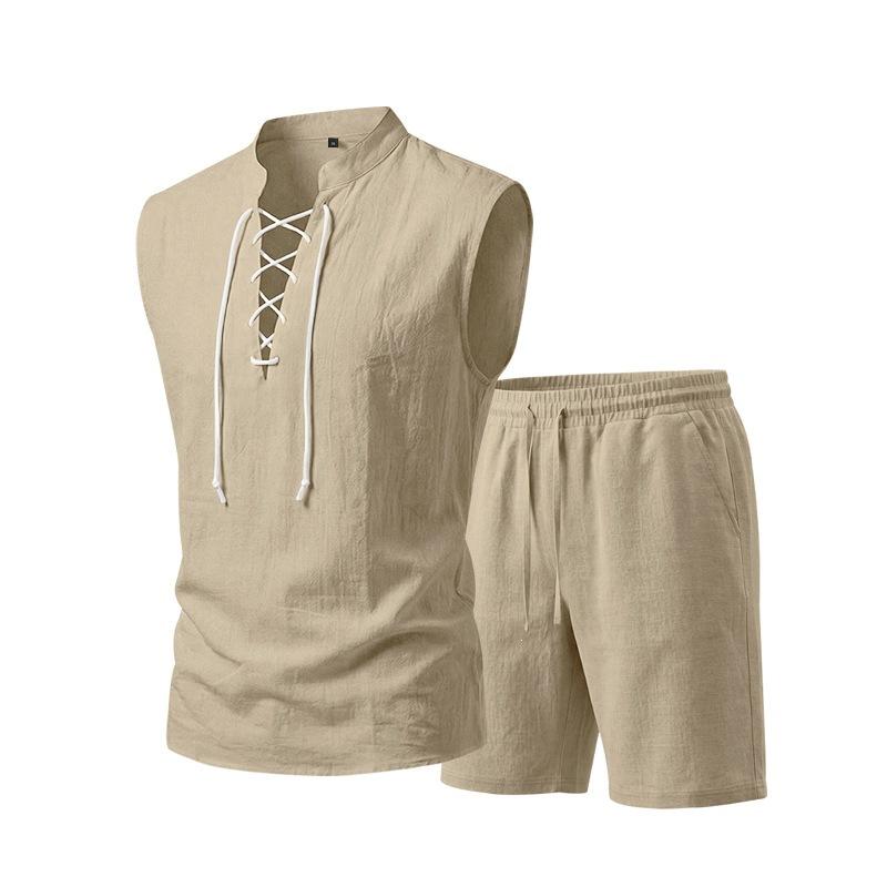 Men Solid Linen 2 Piece Outfit Mandarin Collar Lace Up Sleeveless Tank Drawstring Shorts Beach Set