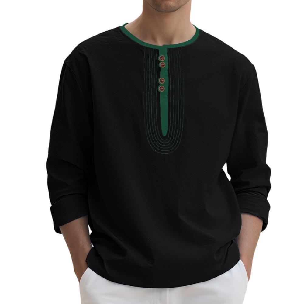 Pánské módní tričko s límečkem henley 95% len s dlouhým rukávem podzimní volné ležérní prošívané tričko pánské oblečení