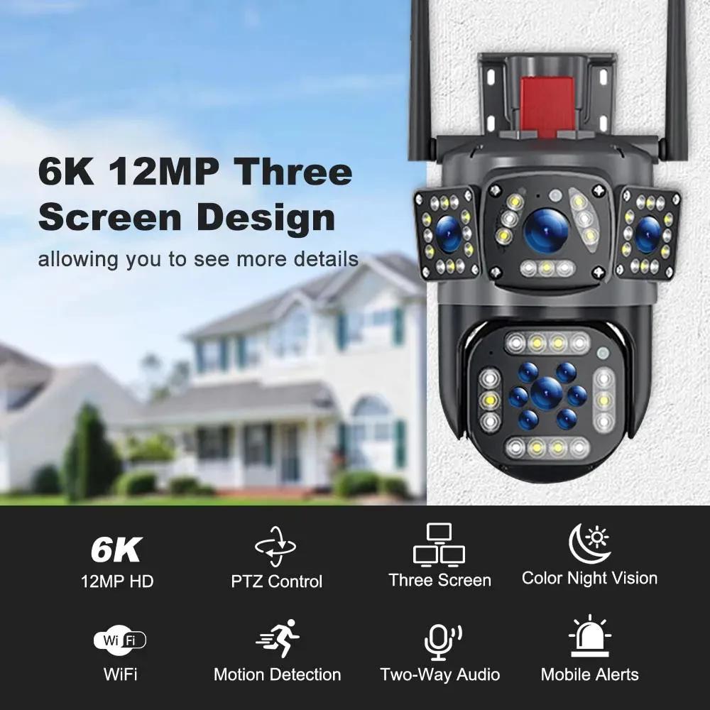 LS VISION 12MP WiFi IP pouliční kamera Venkovní 360° video sledování Zabezpečení-ochrana Tři obrazovky Ai Tracking 6K Survalance kamery