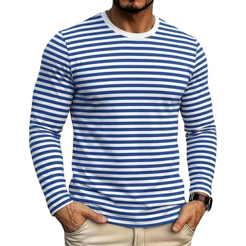 Mens Casual Striped Long Sleeve Crew Neck Pullover T Shirt
