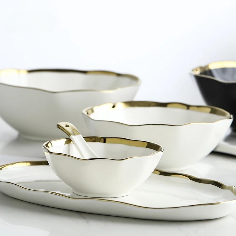 Nordic Golden Stroke Ceramic Plate Light Luxury Black White Pasta Steak Dinner Plates Dessert Dishes Soup Bowls Home Tableware