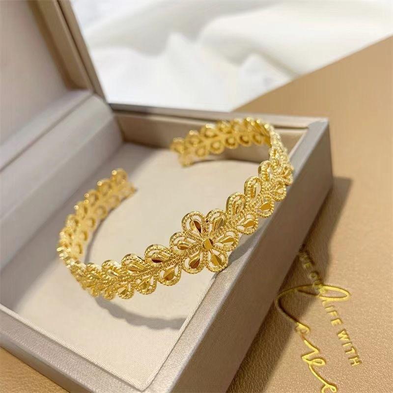 Golden Branch and Jade Leaf Open Bracelet Women s Bracelet Niche Light Luxury High-end Sense One Size(16-22CM)