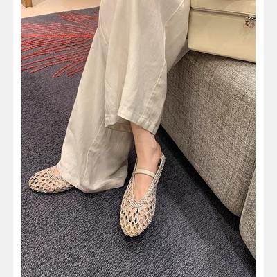 Grape Mother with the Same Round Head Woven Hollow Breathable Elastic Versatile One-word Belt Mary Jane Shoes Shallow Mouth Flat-soled Single Shoes