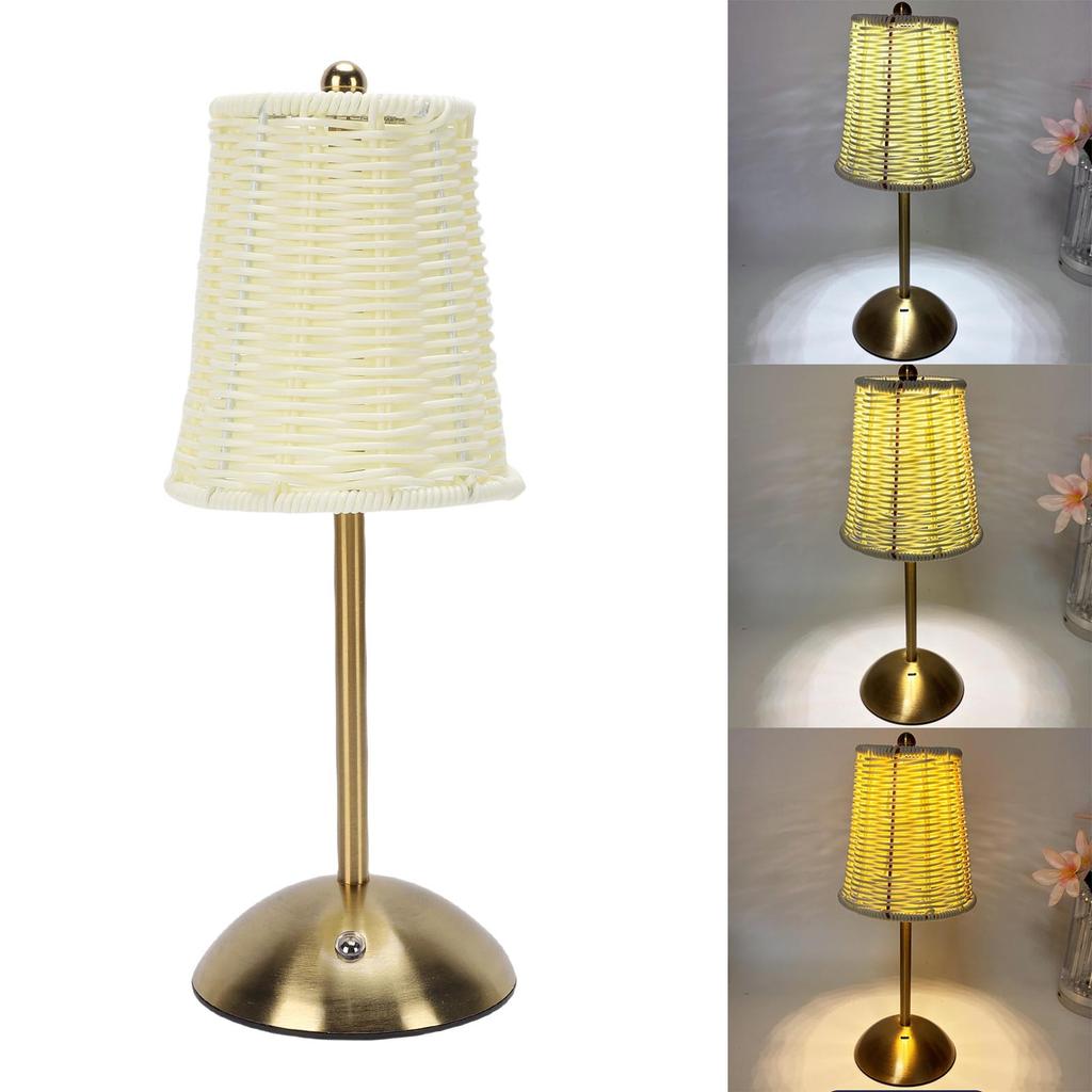 Vintage Rattan Table Lamp LED Dimmable 3 Color Temperatures Rechargeable Cordless Bedside Lamp for Bedroom Living Room