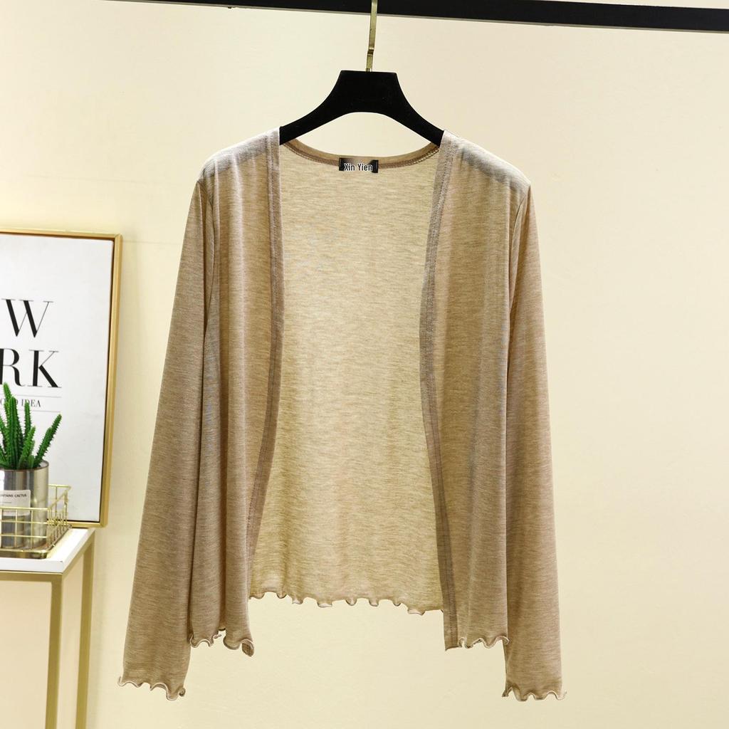 Dámský lehký kardiganový šál s dlouhým rukávem na jaro/léto 2025 - Slim pletená klimatizační bunda