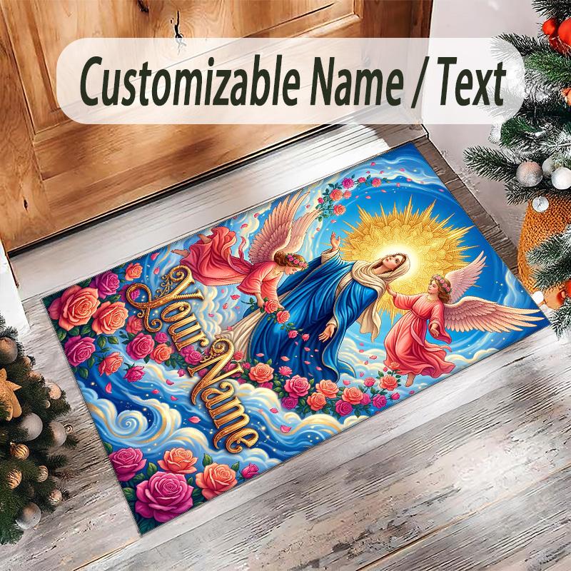 Virgin Mary Theme Crystal Velvet Rug Personalized Custom Name Text Soft Floor Mat Home Decor