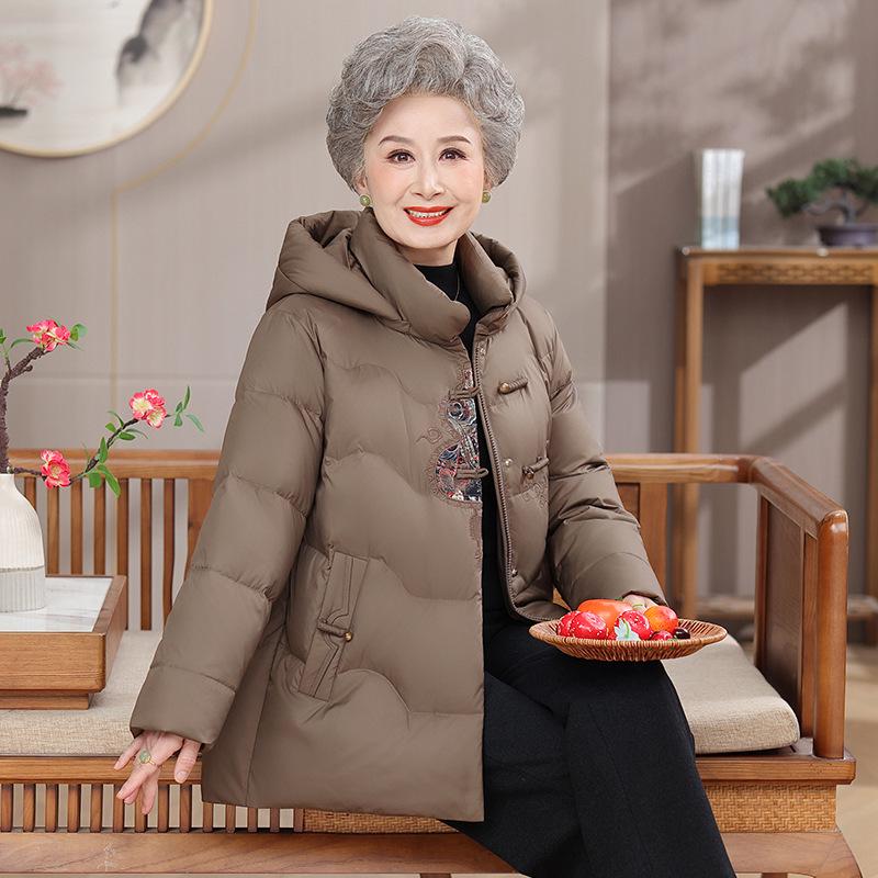 Elderly Women's Hooded Down Jacket - Warm Cotton Coat for Winter, Chinese Style, for Middle-Aged and Elderly