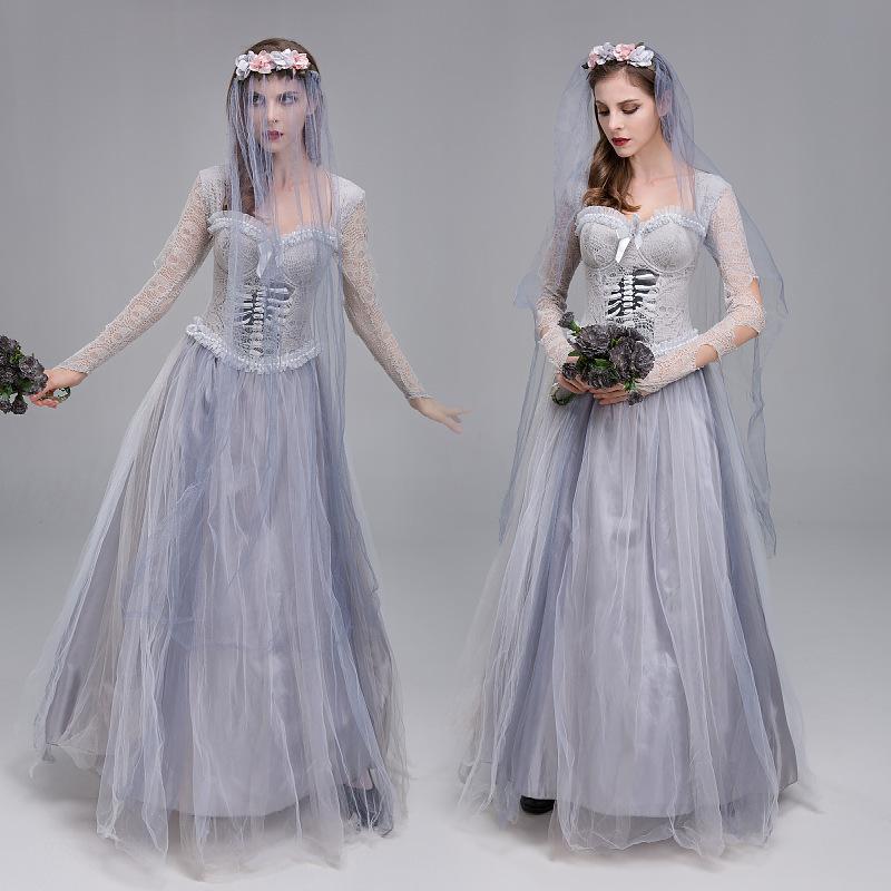 Halloween Ghost Bride Dress Women Gothic Cosplay Costume Set Scary Wedding Gown Outfit