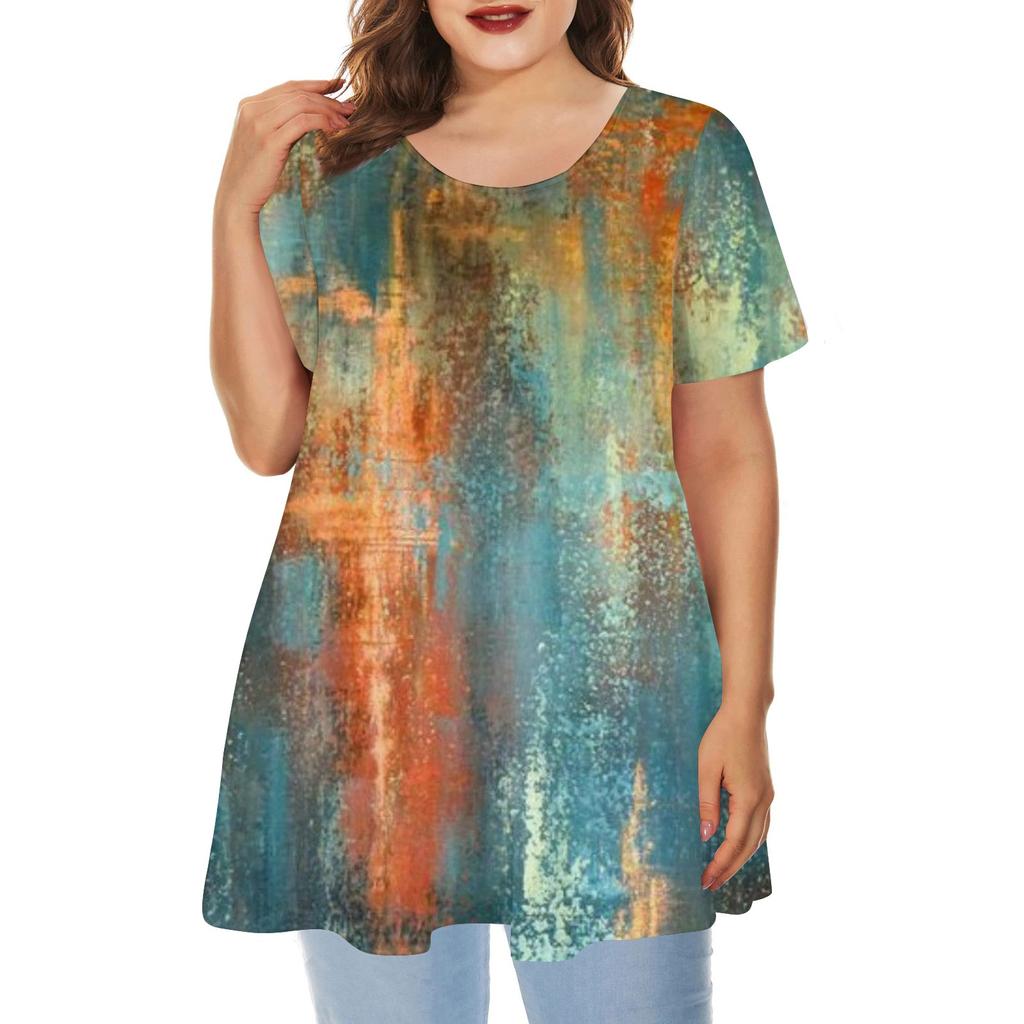 Ladies Round Neck Printed Short Sleeve Top Loose Casual Short Sleeved Plus Size Tops