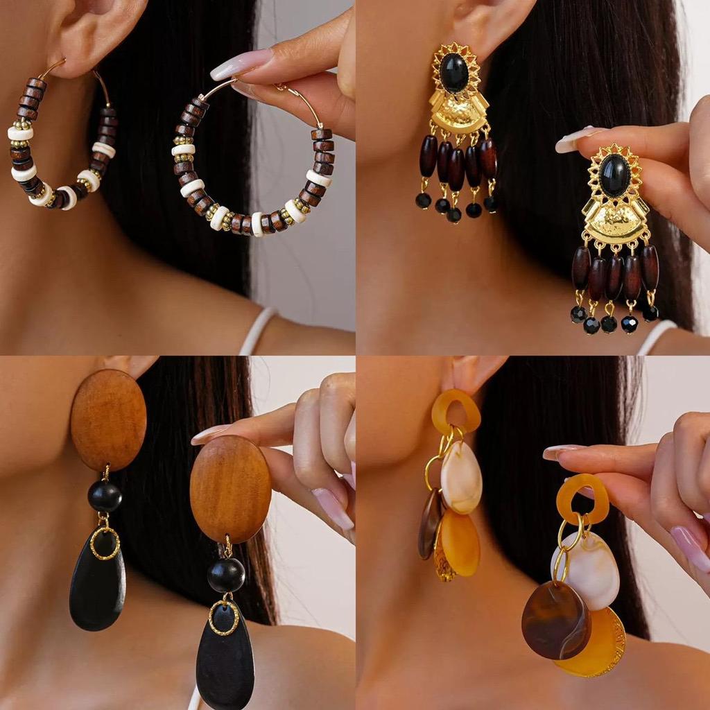 Coffee-Colored Wooden Bead Teardrop Tassel Earrings In Retro Ethnic Style