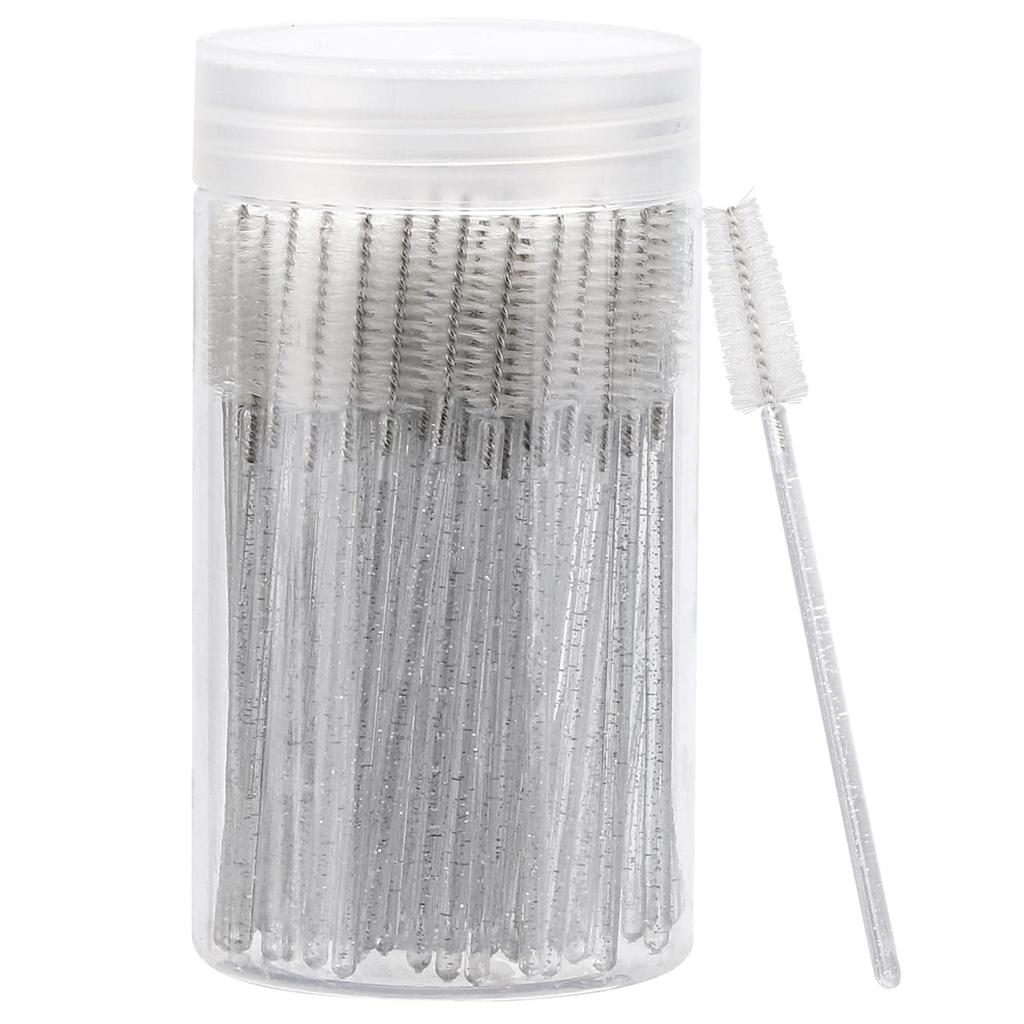 100 Pcs Disposable Mascara Wands & Crystal Eyebrow Spoolies Brush for Eyelash Extensions Pink Lash Brushes Container