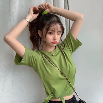 New Summer Korean Style Fashionable High-waist Short Hyuna Style Short-sleeved Solid Color Careful Design T-shirt for Women