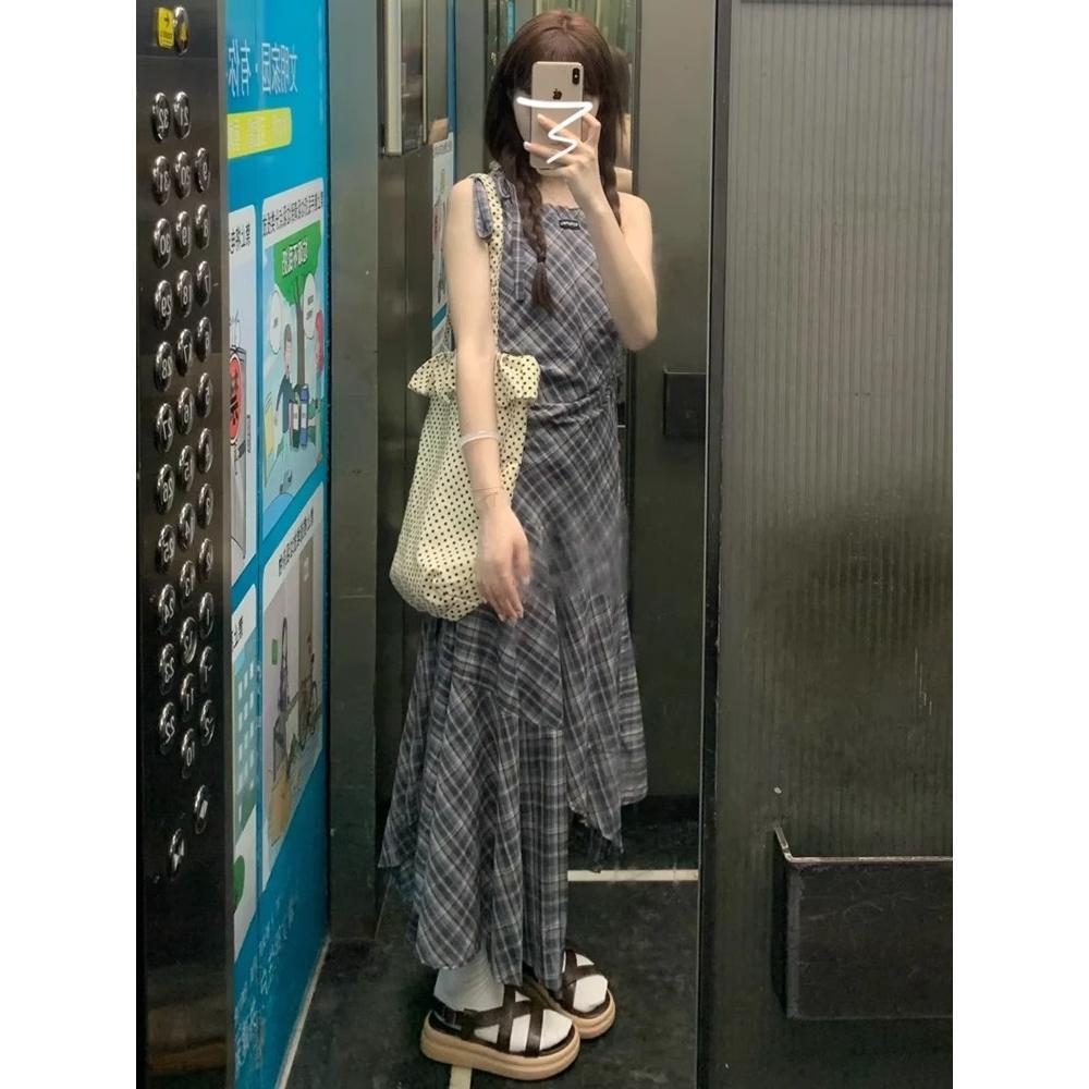 Sleeveless irregular plaid vest dress children's summer casual women's new small temperament long dress