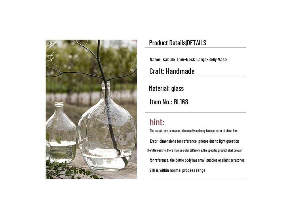 Large Transparent Japanese Andromeda Glass Vase - Thin-Neck, Big-Belly Design for Living Room Decor
