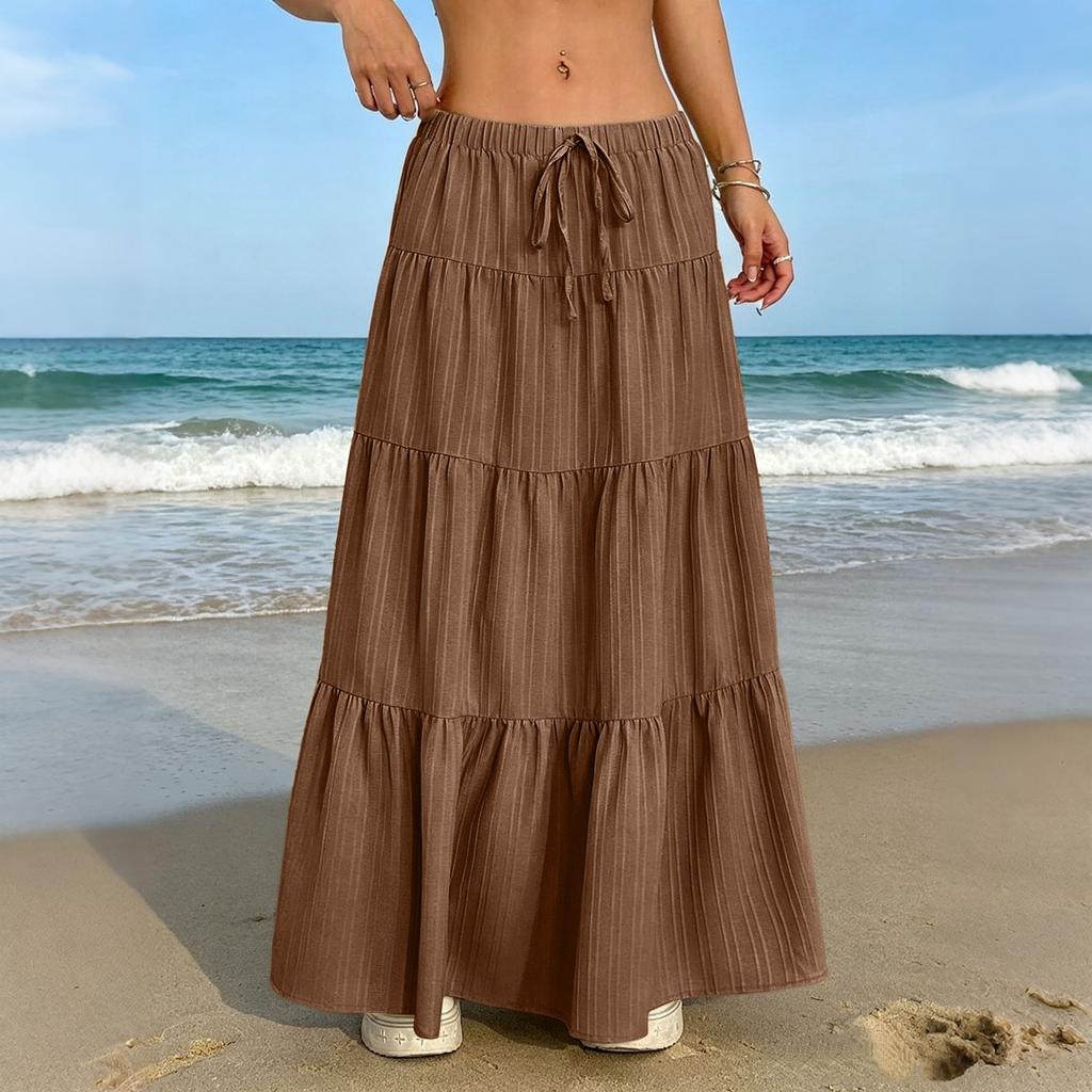 Women's Casual Elastic Waist Multi-Layer Maxi Skirt with Drawstring Adjustable Waistband Lightweight Long Skirt for Everyday Wear