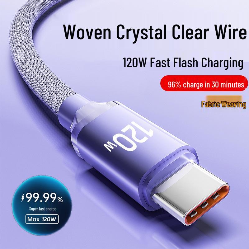 Crystal Shine 120W Type-C Fast Charging Cable for Huawei, Honor, Vivo, Oppo - Fabric Design