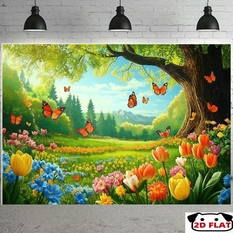2D Summer Nature Background, Vibrant Flower Meadow & Butterflies Themed Party Backdrop 47.2x31.5inch/120*80cm