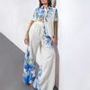 2025 Summer European and American Style Printing Wide-leg Pants Set Women's Casual Fashion Two-piece Set Blue Flower Lace-up Shirt