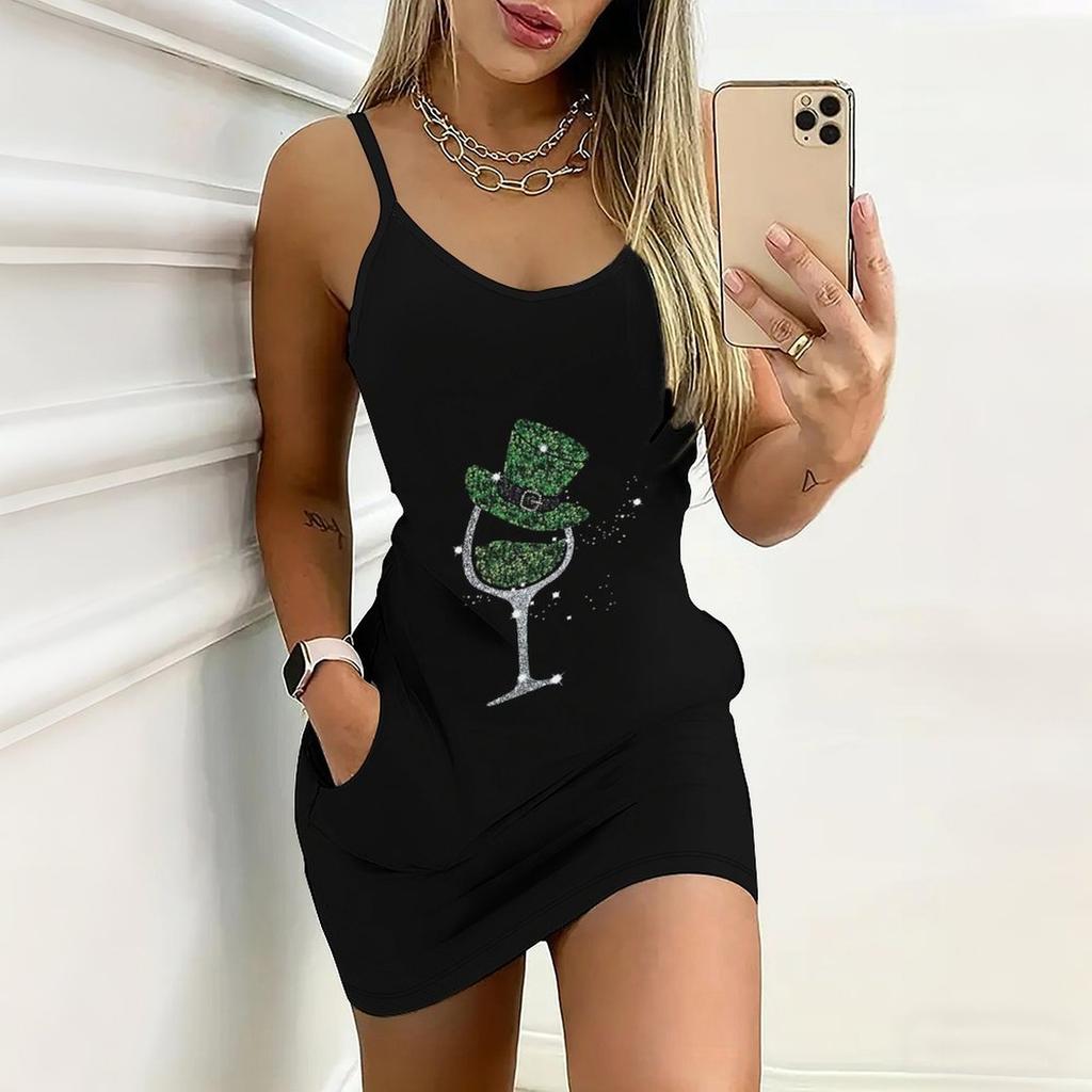 Summer New Starry Sky and Lines Pattern Print Sleeveless Bodycon Dress with Pockets Sexy Slim Fit Elegant Party Dress